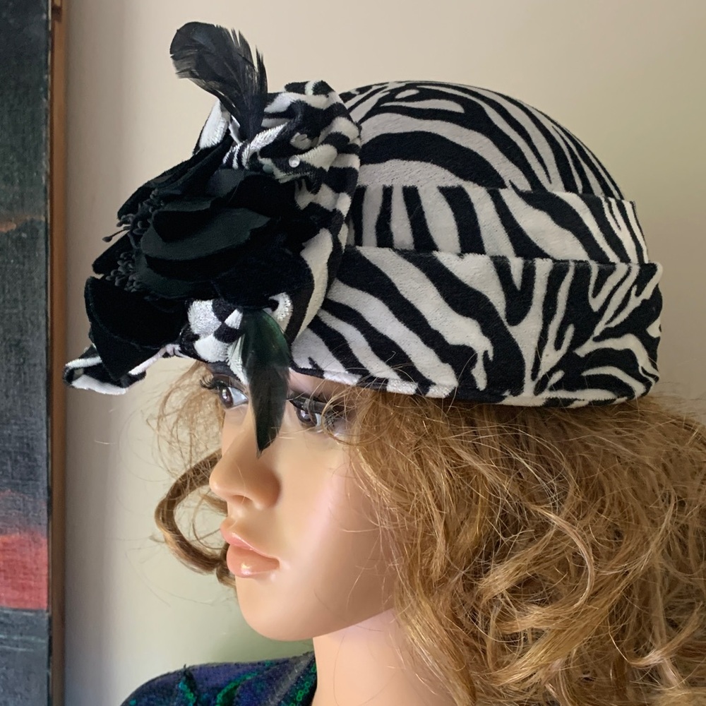Fine Millinery Collection by August Zebra Print Hat with Feathers & Rhinestones